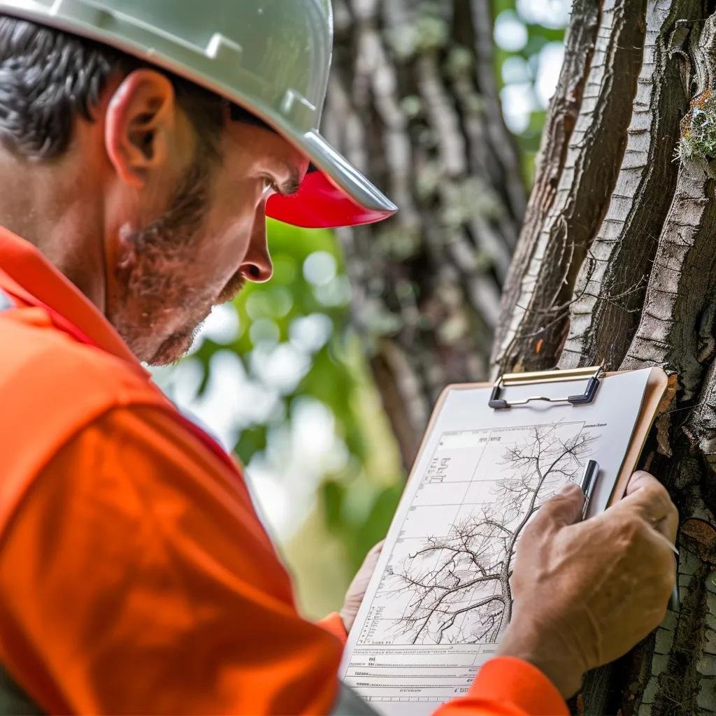 Arborist examining a tree survey map for commercial tree removal permits