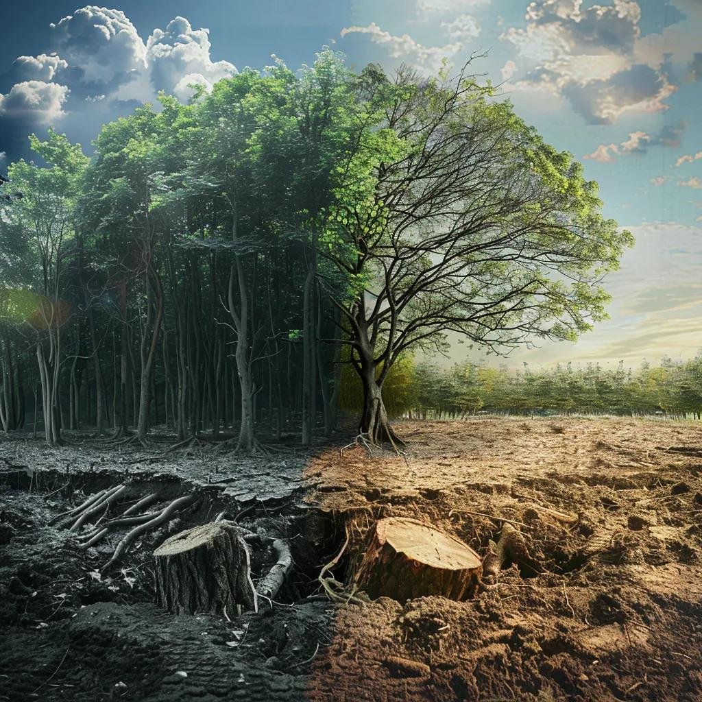 Contrast of healthy forest and cleared land illustrating environmental impact of tree removal
