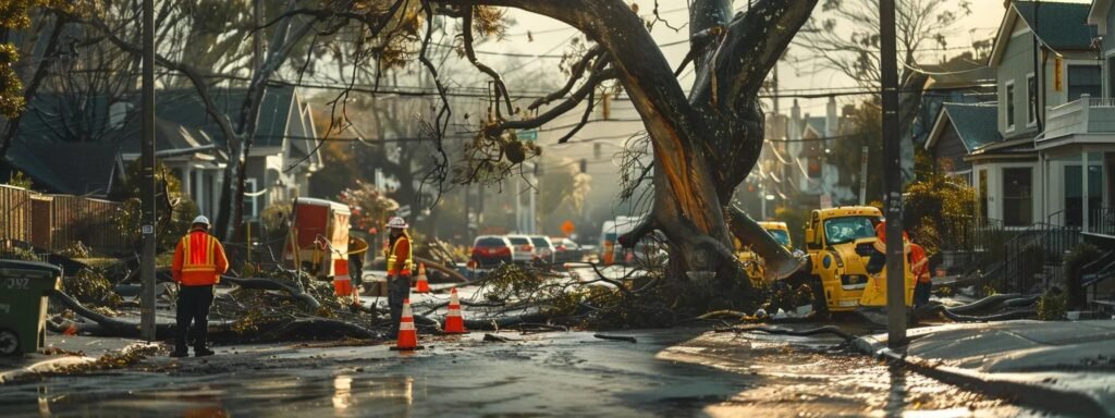 Image of a storm-damaged tree highlighting safety hazards and protective measures for homeowners.