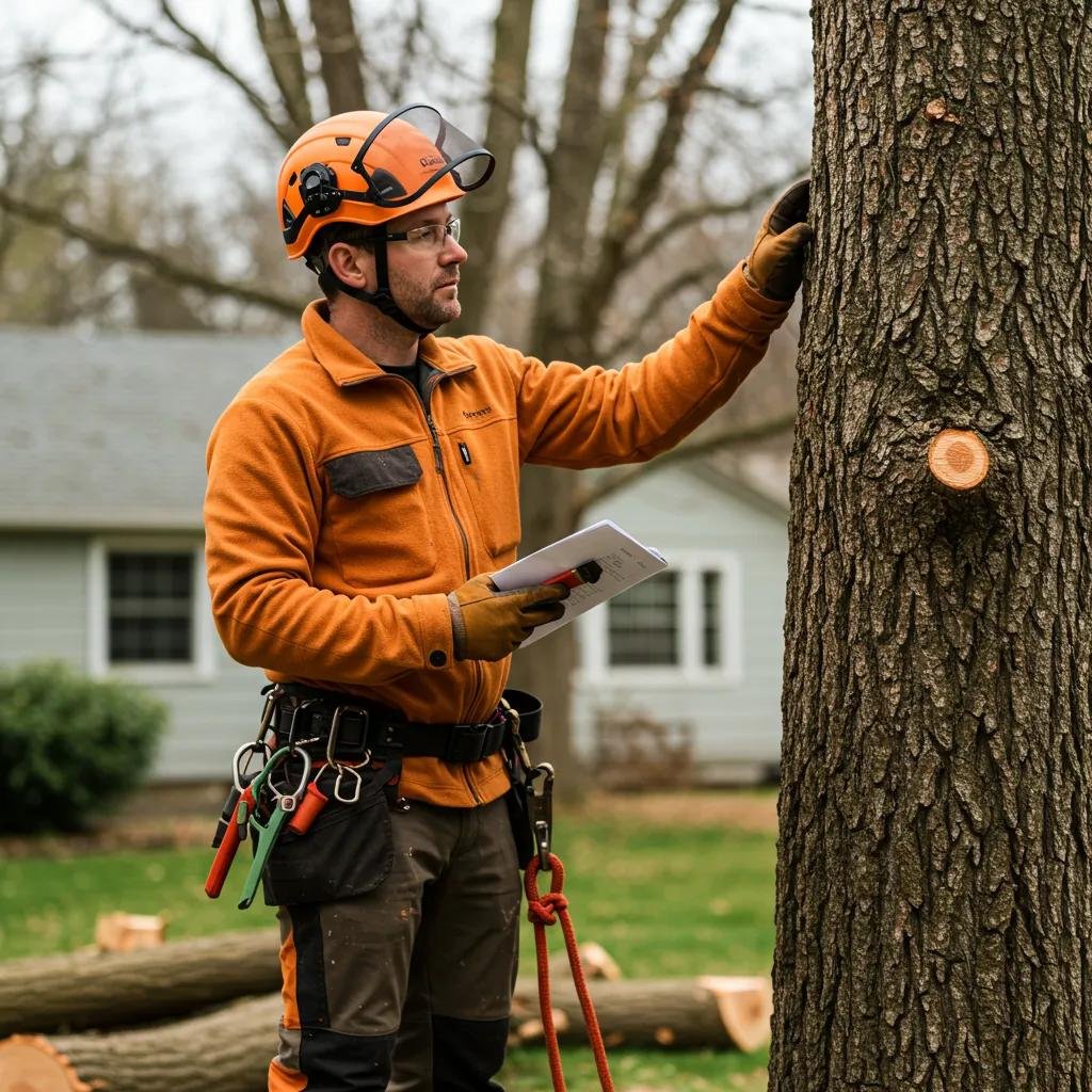 Arborist conducting a site assessment for tree removal in a residential area