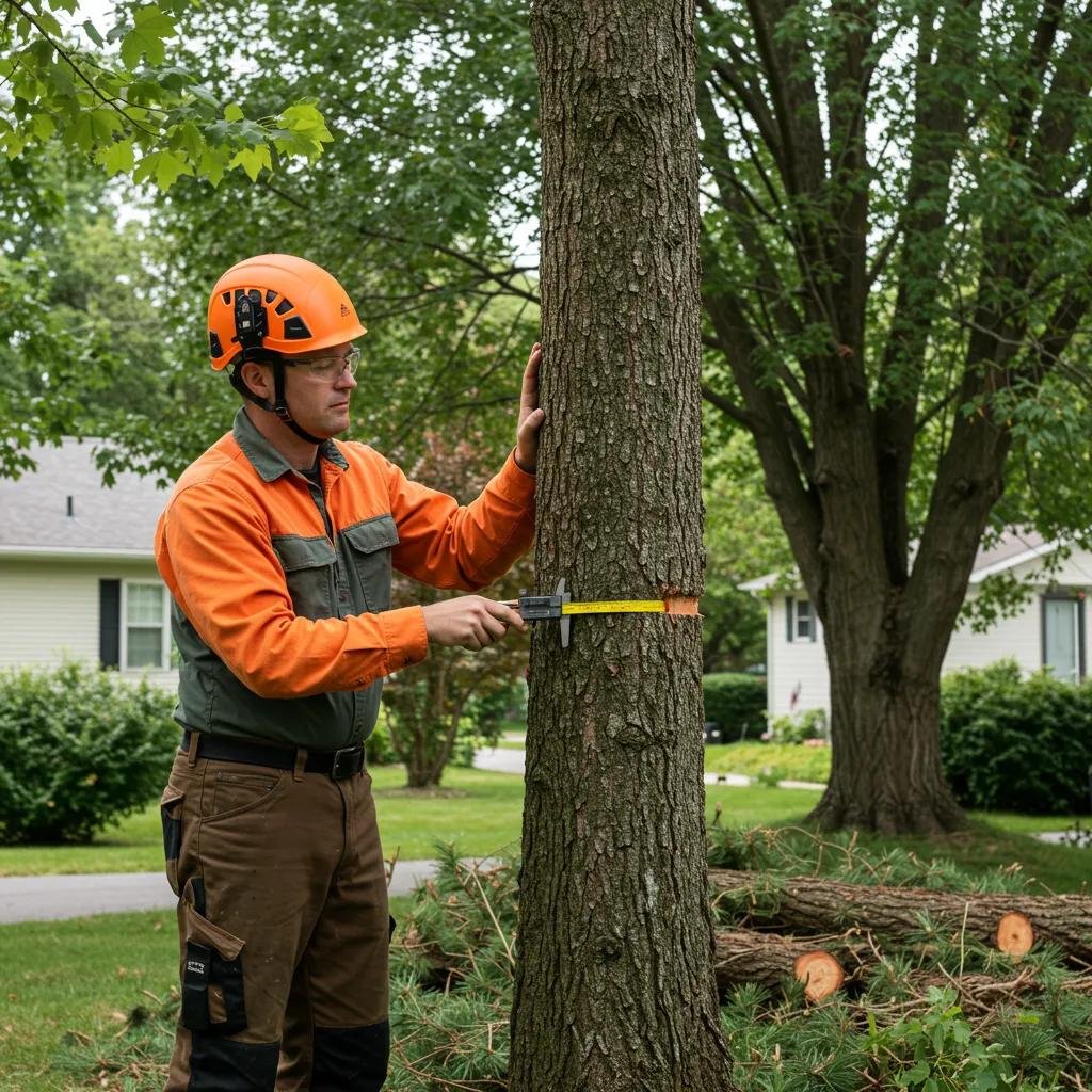 Arborist measuring tree diameter to assess permit requirements for tree removal