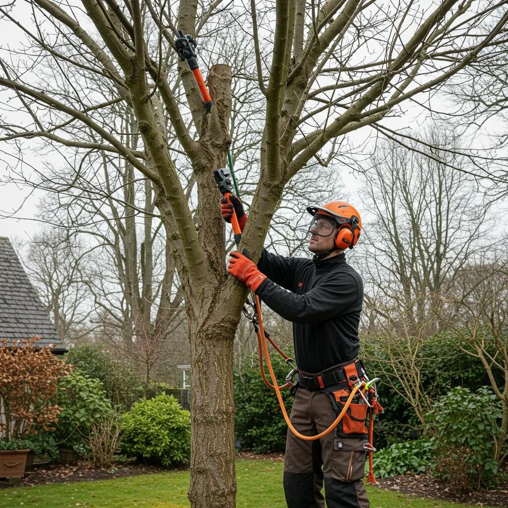 Arborist pruning a tree to treat anthracnose, emphasizing professional tree care