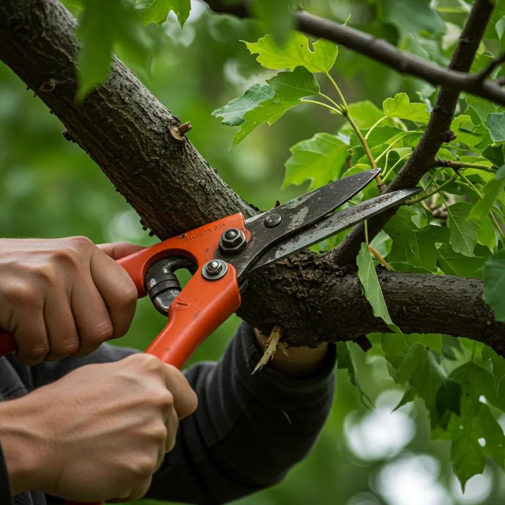 Arborist trimming a tree branch to improve tree health and aesthetics