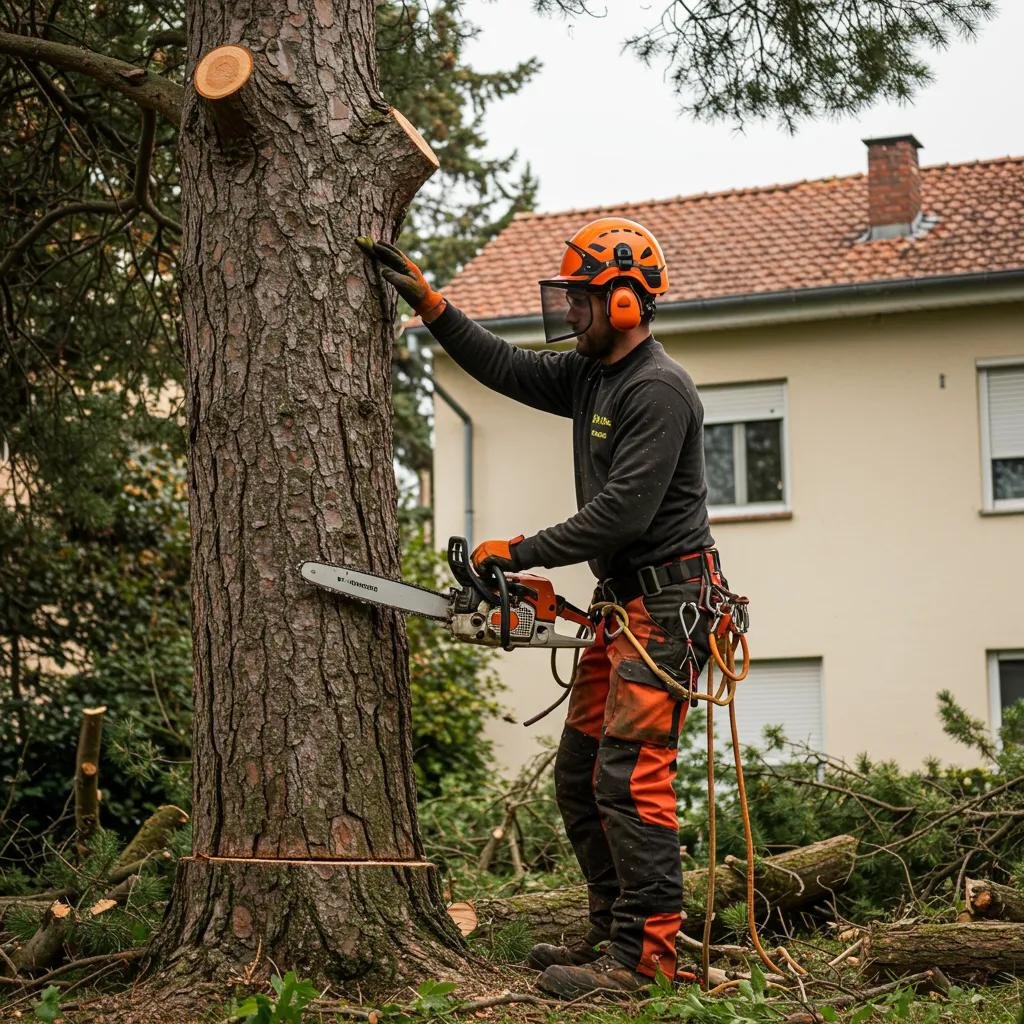 Certified arborist assessing a tree for removal in a residential area of Riviera Bella