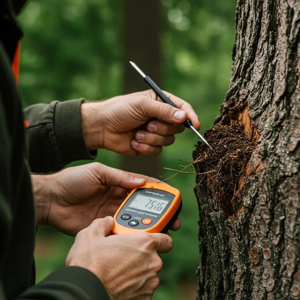 Certified arborist assessing tree health with professional tools in a lush environment