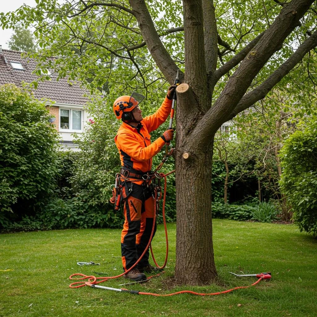 Certified arborist inspecting a tree in a residential garden, highlighting tree removal regulations