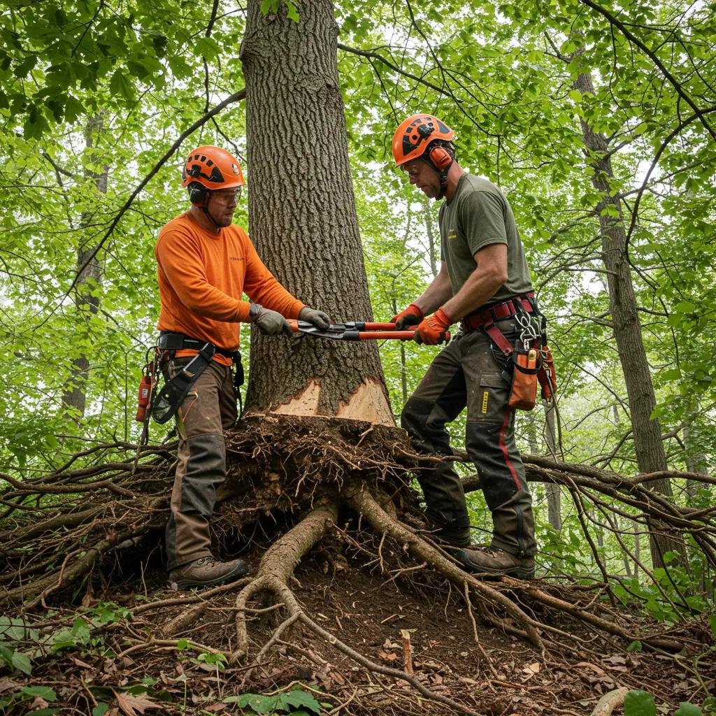 Certified arborist performing root pruning on a tree with girdling roots, emphasizing professional intervention