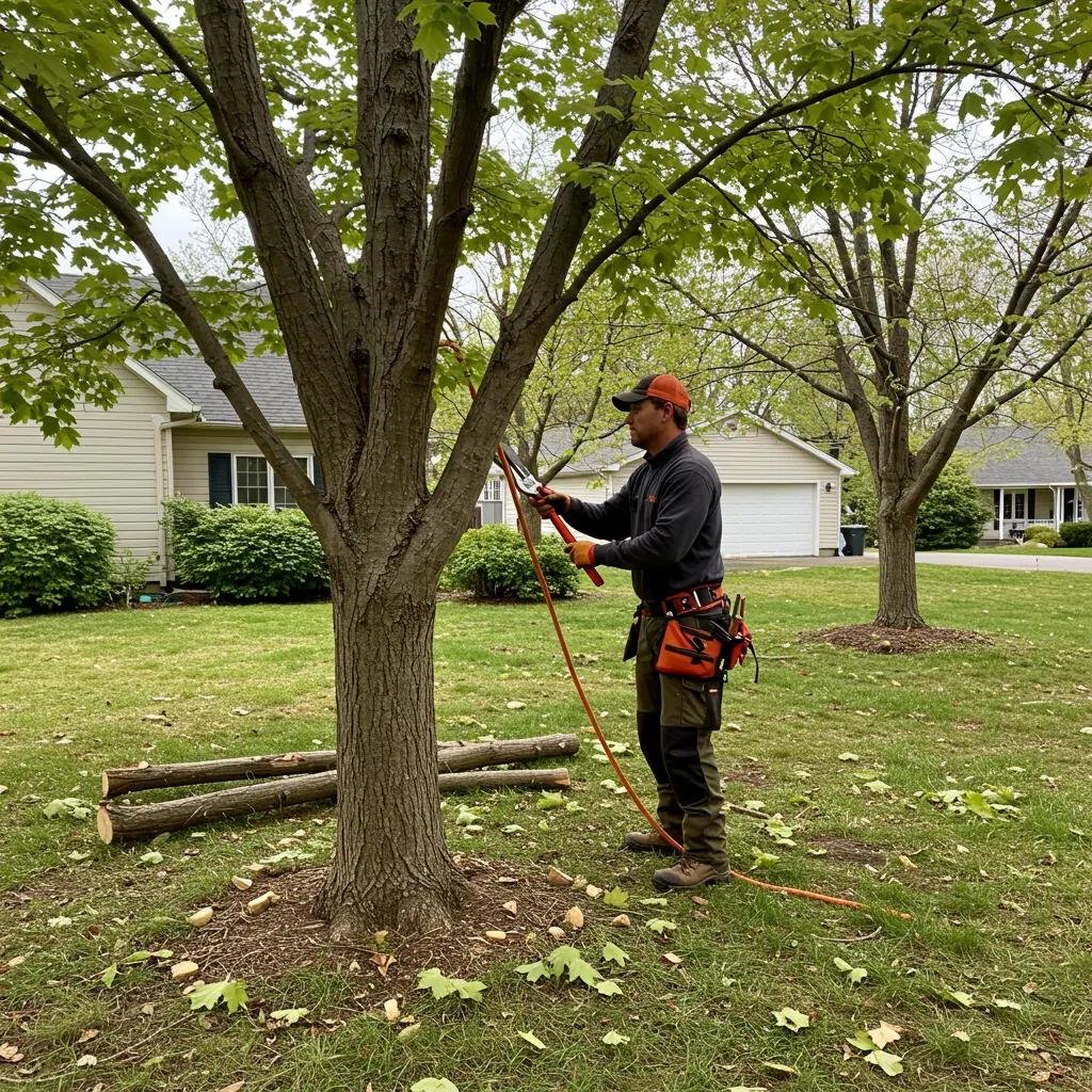 Certified arborist pruning a maple tree, demonstrating best practices for tree care and maintenance