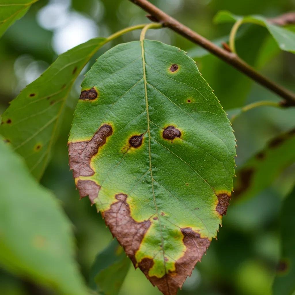 Close-up of tree leaves showing anthracnose symptoms with dark spots and curling