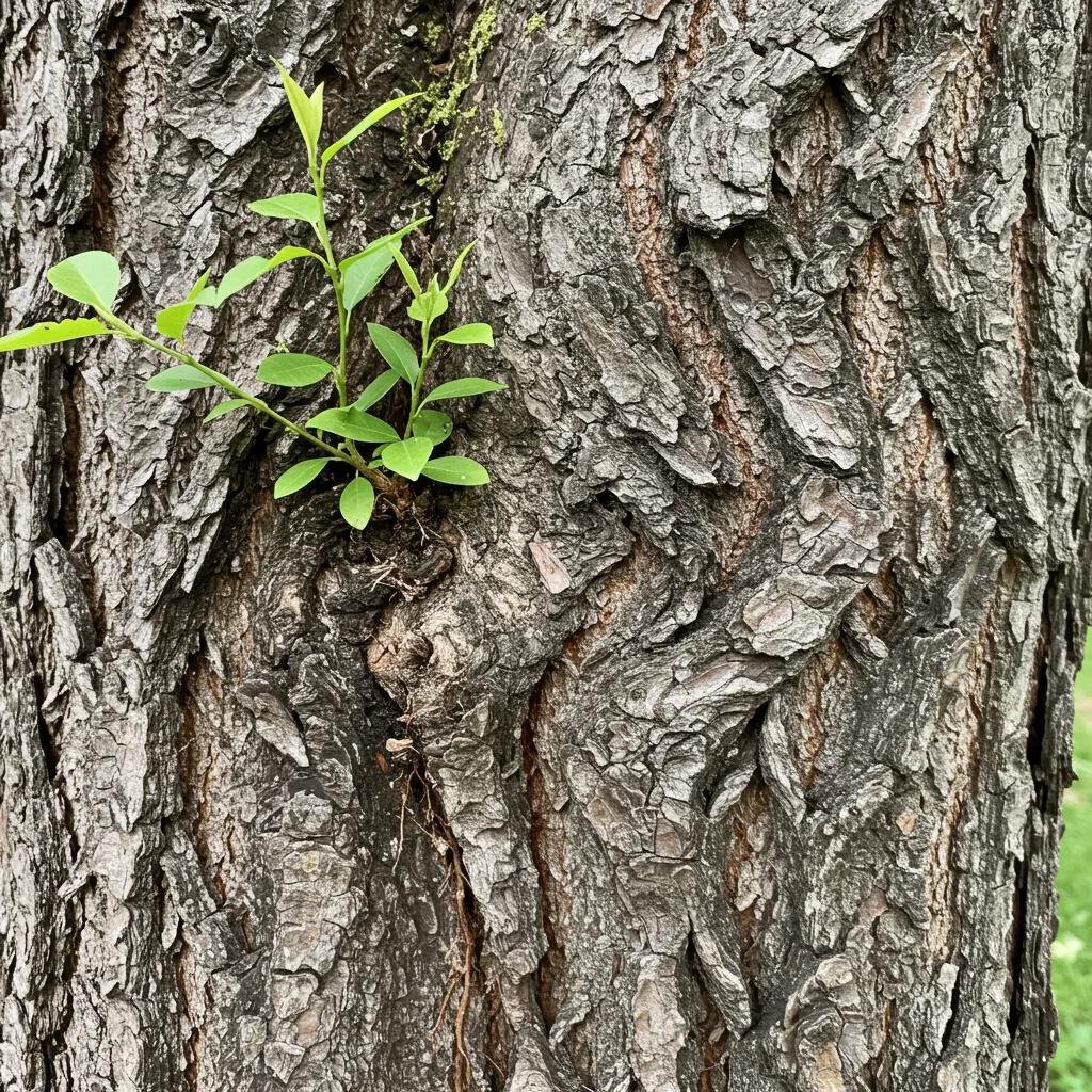 Close-up of tree trunk showing girdling roots and symptoms like canopy thinning and small leaves