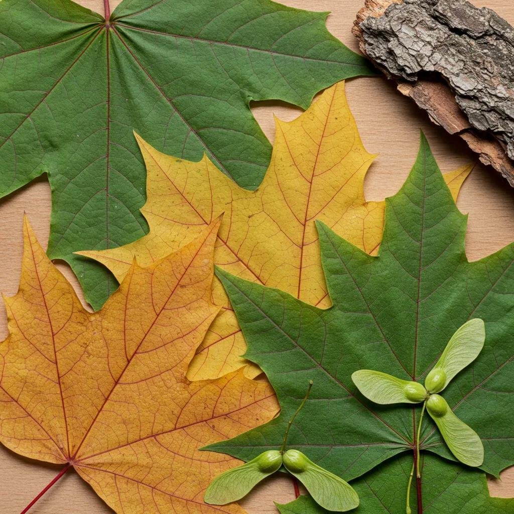 Close-up of various maple leaves, bark, and samaras, illustrating identification features