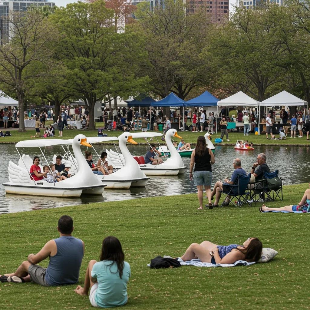 Families enjoying a weekend at Lake Eola Park, showcasing swan boat rides and local market activities