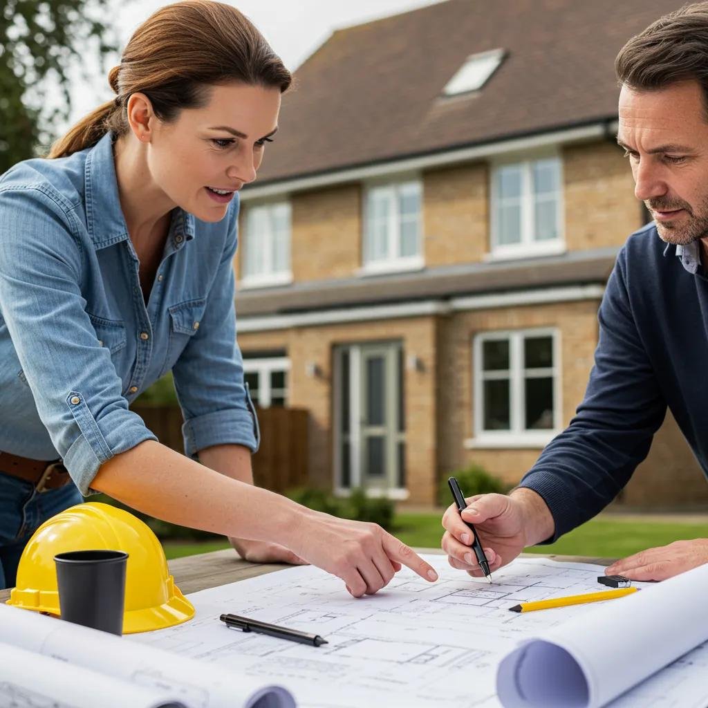 Homeowner consulting with architect about building permits for home extensions