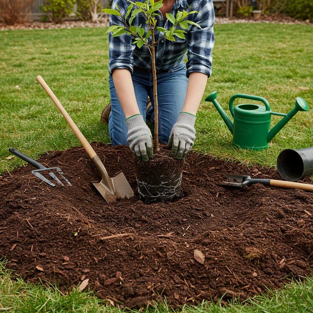 Homeowner planting a young tree, illustrating best practices for tree care and planting techniques