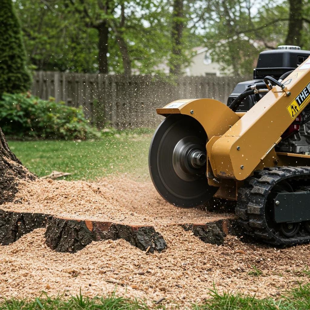 Stump grinding machine in action, grinding a tree stump in a backyard in Riviera Bella