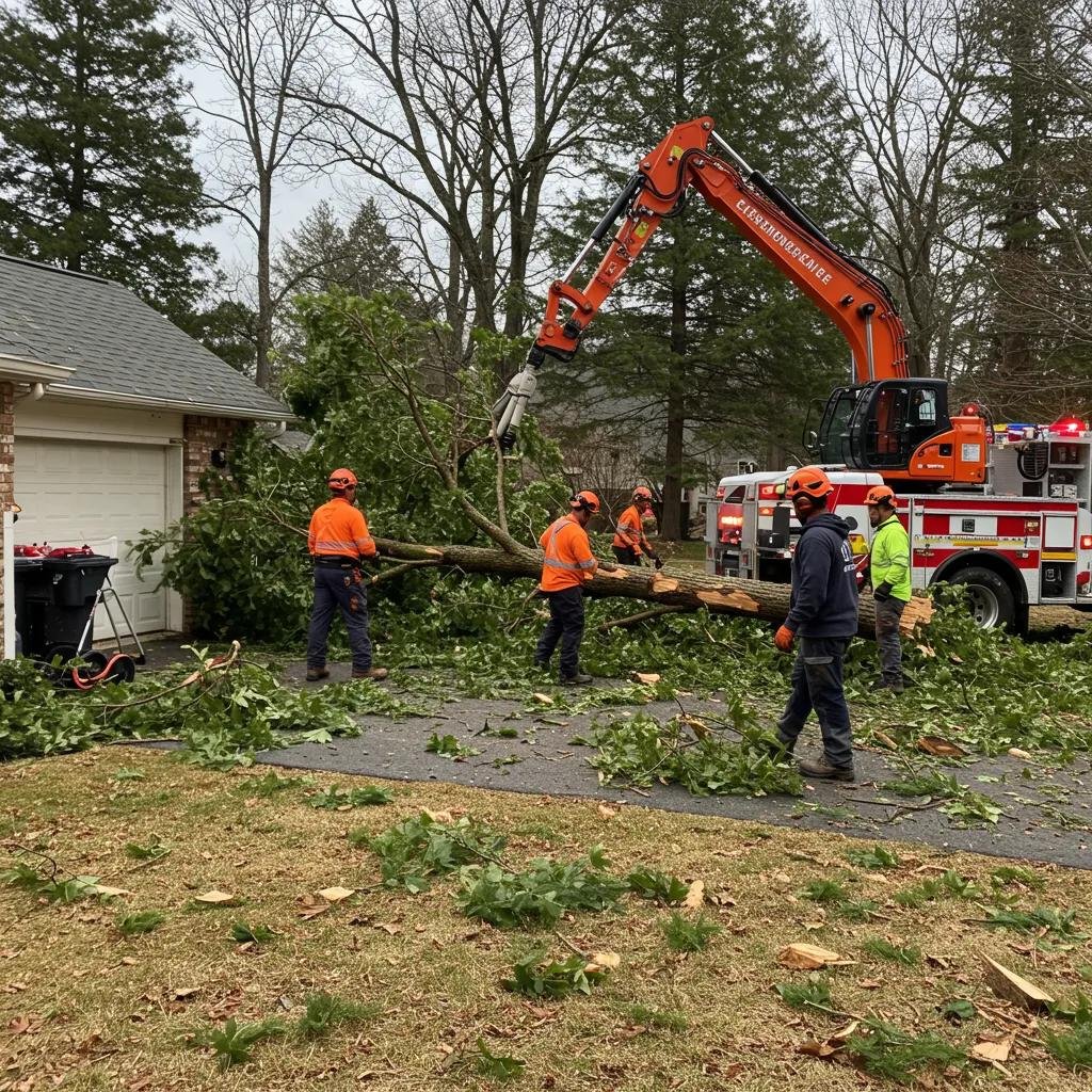 Tree service crew responding to an emergency situation with a fallen tree in Saxon Woods, illustrating the need for urgent tree services