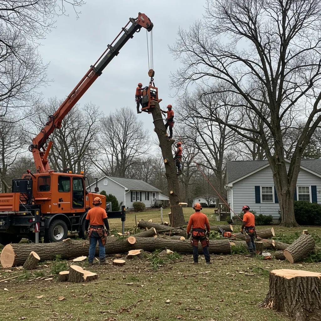 Tree service professionals removing a large tree in Saxon Woods, highlighting the costs and complexities of tree removal