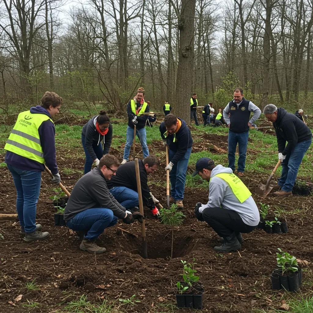 Volunteers actively planting trees in DeBary, showcasing community engagement and environmental stewardship